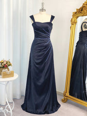 Evening Dress, A-line Spaghetti Straps Ruffles Floor-Length Elastic Woven Satin Dress