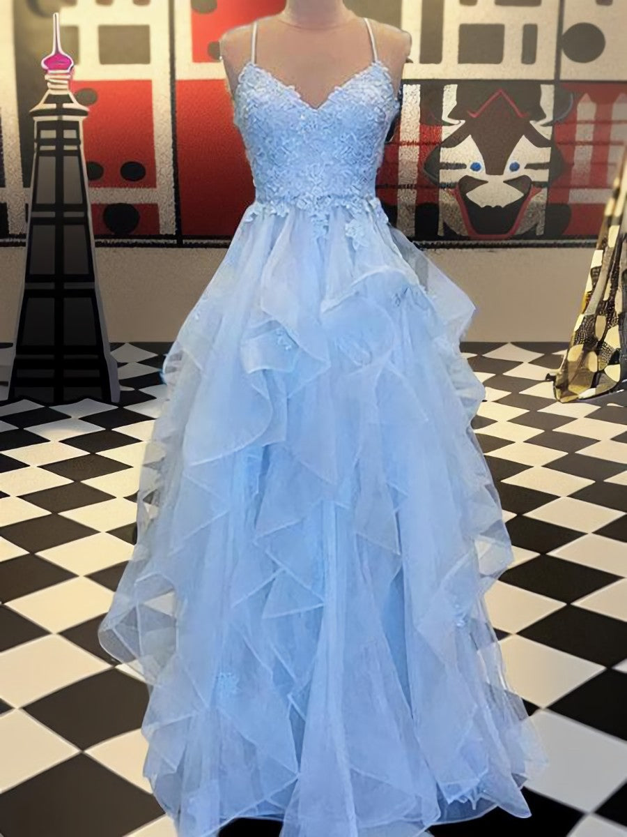 Prom Dresses 2031 Long Sleeve, A-line Spaghetti Straps Ruffles Floor-Length Tulle Dress