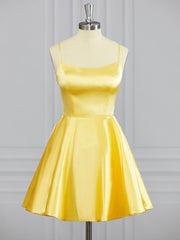Homecoming Dress Short Prom, A-line Spaghetti Straps Ruffles Short/Mini Silk Like Satin Dress
