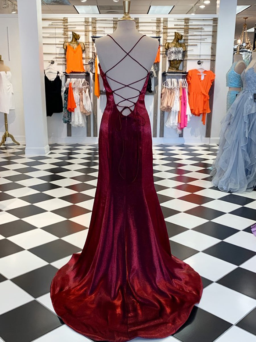 Prom Dress Tight Fitting, A-line Spaghetti Straps Ruffles Sweep Train Velvet Dress