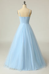 A Line Spaghetti Straps Sky Blue Long Prom Dress