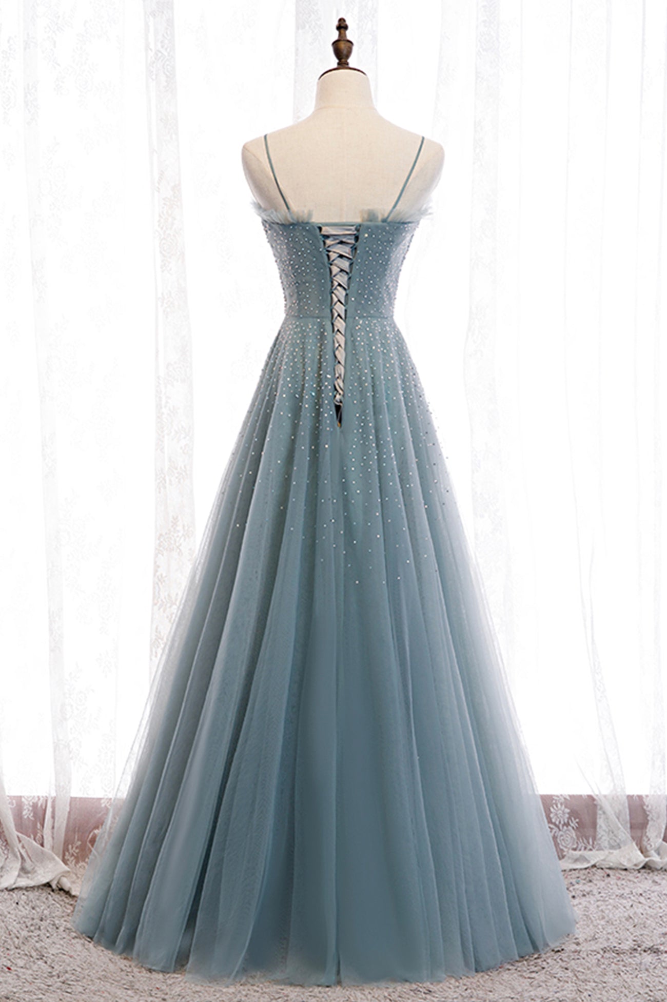 Prom Dress For Short Girl, A-Line Spaghetti Straps Tulle Beaded Long Prom Dress, Cute Evening Party Dress