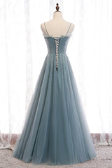 Prom Dress For Short Girl, A-Line Spaghetti Straps Tulle Beaded Long Prom Dress, Cute Evening Party Dress