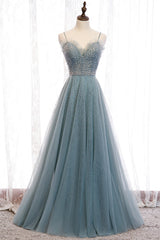 Prom Dress Gowns, A-Line Spaghetti Straps Tulle Beaded Long Prom Dress, Cute Evening Party Dress