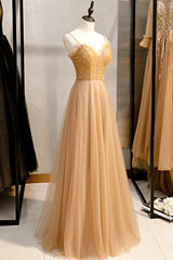 Prom Dresses Brands, A-Line Spaghetti Straps Tulle Beaded Long Prom Dress, Evening Party Dress