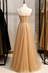 Prom Dresses Brand, A-Line Spaghetti Straps Tulle Beaded Long Prom Dress, Evening Party Dress