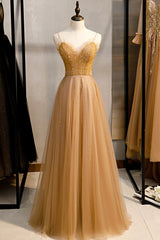Prom Dress Stores Near Me, A-Line Spaghetti Straps Tulle Beaded Long Prom Dress, Evening Party Dress