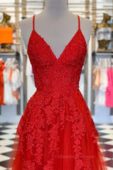 Bridesmaid Dresses Colors, A Line Spaghetti Straps V Neck Red Lace Long Prom Dress, Red Lace Formal Dress, Red Evening Dress