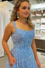 A Line Square Neck Light Blue Sequins Long Prom Dress