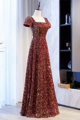 Formal Dresses For Woman, A-line Square Neck Sleeves Sequins Long Formal Dress
