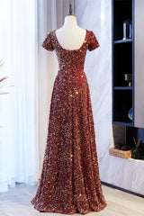 Formal Dress For Woman, A-line Square Neck Sleeves Sequins Long Formal Dress