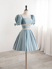 Evening Dresses Ball Gown, A-Line Square Neckline Blue Short Prom Dress, Cute Blue Homecoming Dress
