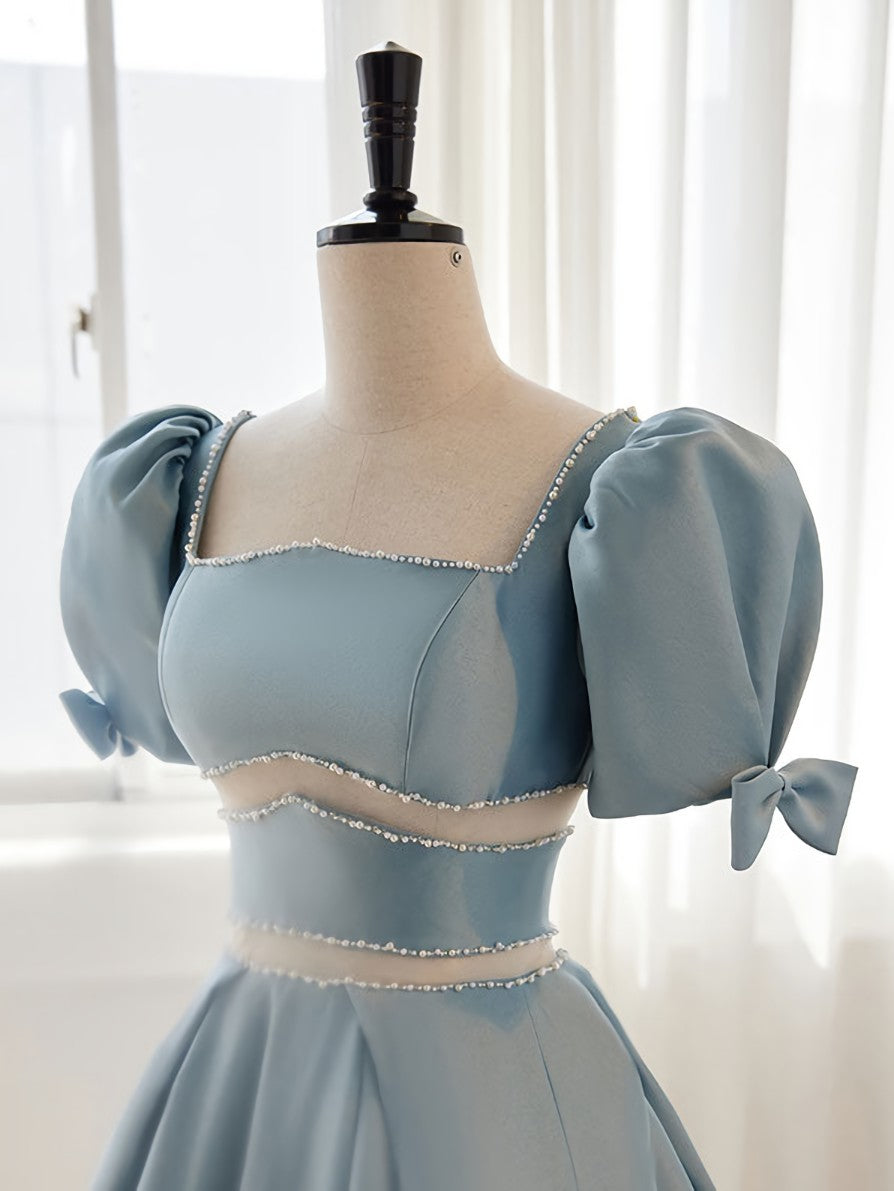 Evening Dresses Vintage, A-Line Square Neckline Blue Short Prom Dress, Cute Blue Homecoming Dress