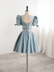 Evening Dress Fitted, A-Line Square Neckline Blue Short Prom Dress, Cute Blue Homecoming Dress