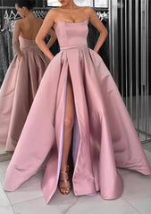Prom Dress Two Pieces, A-line Square Neckline Long/Floor-Length Satin Prom Dress With Pockets Split