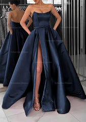 Formal Dress, A-line Square Neckline Long/Floor-Length Satin Prom Dress With Pockets Split