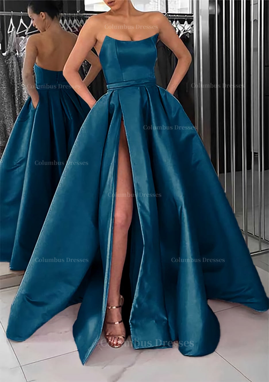 Prom, A-line Square Neckline Long/Floor-Length Satin Prom Dress With Pockets Split
