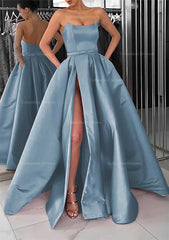 Pink Dress, A-line Square Neckline Long/Floor-Length Satin Prom Dress With Pockets Split