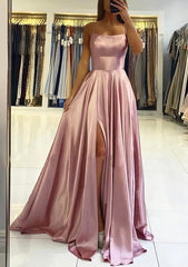 Bridesmaids Dresses With Sleeves, A-line Square Neckline Sleeveless Satin Sweep Train Prom Dress With Pleated