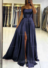 Bridesmaid Dress Blue, A-line Square Neckline Sleeveless Satin Sweep Train Prom Dress With Pleated