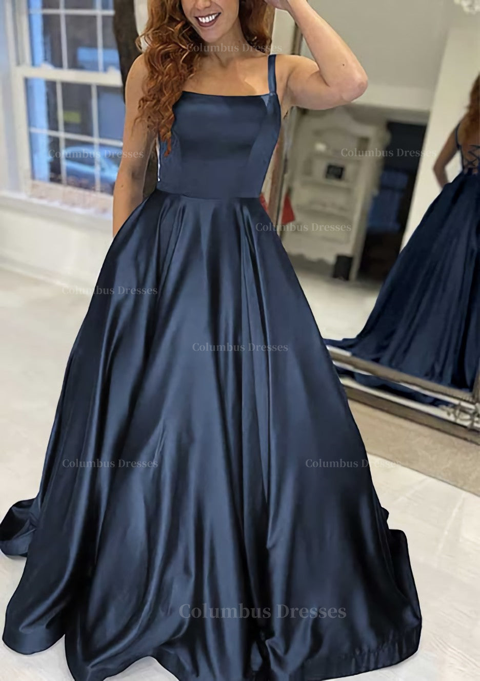Evening Dress 2049, A-line Square Neckline Sleeveless Sweep Train Satin Prom Dress With Pockets