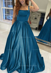 Evening Dresses Australia, A-line Square Neckline Sleeveless Sweep Train Satin Prom Dress With Pockets