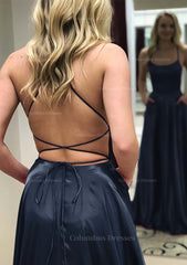 Homecoming Dress Black Girl, A-line Square Neckline Spaghetti Straps Long/Floor-Length Charmeuse Prom Dress With Split