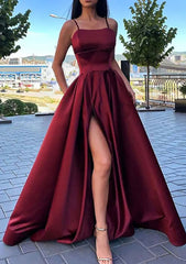 Bridesmaid Dress Satin, A-line Square Neckline Spaghetti Straps Long/Floor-Length Satin Prom Dress With Split Pockets