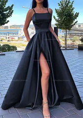 Bridesmaid Dresses Satin, A-line Square Neckline Spaghetti Straps Long/Floor-Length Satin Prom Dress With Split Pockets