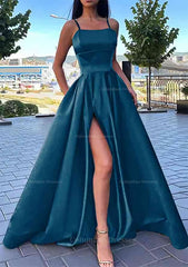 Bridesmaids Dresses Sale, A-line Square Neckline Spaghetti Straps Long/Floor-Length Satin Prom Dress With Split Pockets