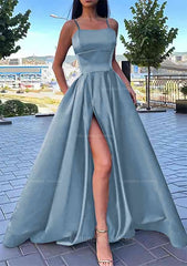Bridesmaid Dresses Sales, A-line Square Neckline Spaghetti Straps Long/Floor-Length Satin Prom Dress With Split Pockets