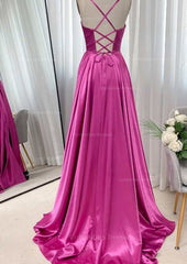 Prom Dresses Princess Style, A-line Square Neckline Spaghetti Straps Sweep Train Charmeuse Prom Dress With Pleated