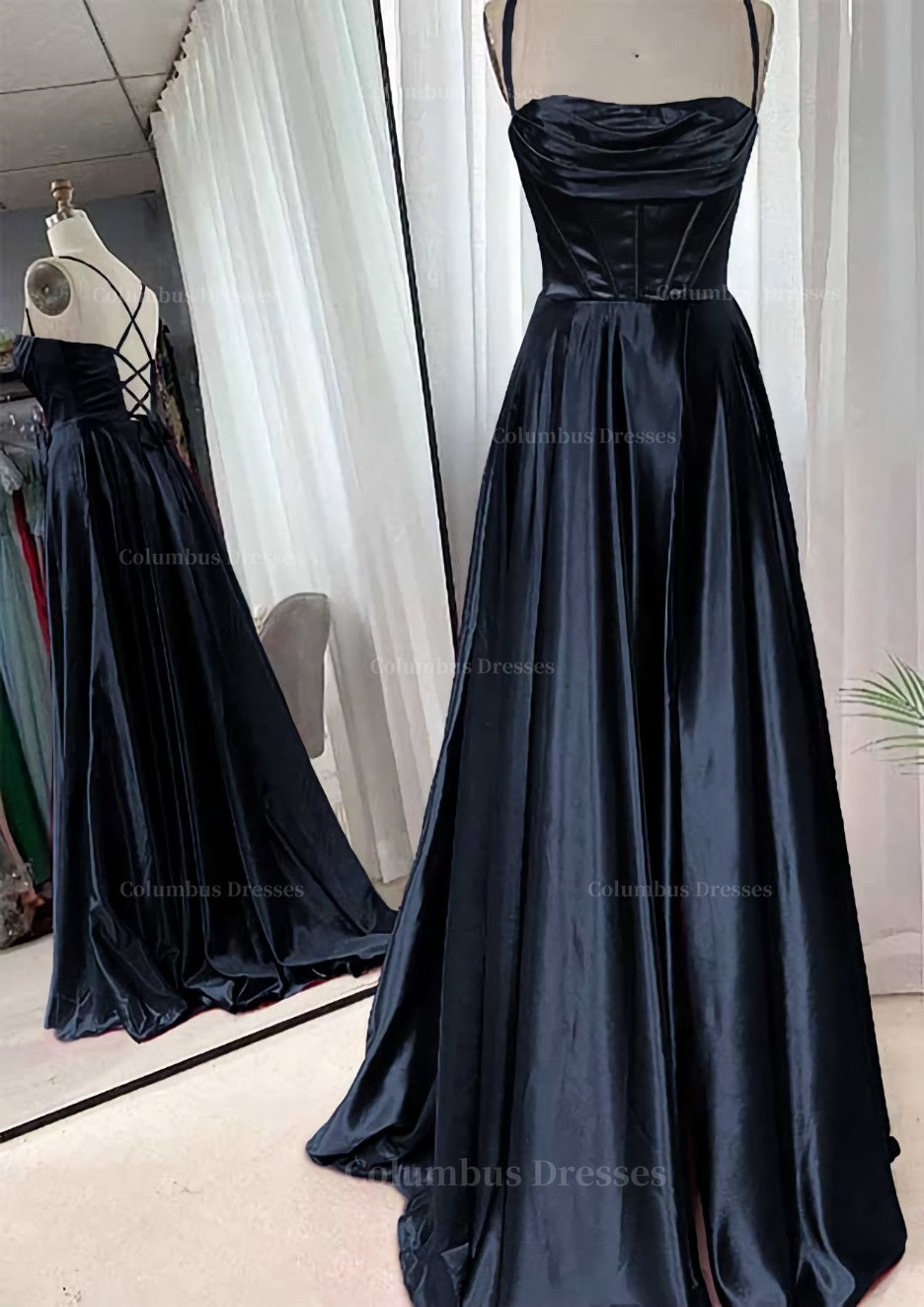 Prom Dress Princess Style, A-line Square Neckline Spaghetti Straps Sweep Train Charmeuse Prom Dress With Pleated
