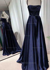 Prom Dresses With Sleeve, A-line Square Neckline Spaghetti Straps Sweep Train Charmeuse Prom Dress With Pleated