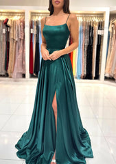 Prom Dress Aesthetic, A-line Square Neckline Spaghetti Straps Sweep Train Charmeuse Prom Dress With Split
