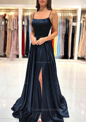 Prom Dress Blue, A-line Square Neckline Spaghetti Straps Sweep Train Charmeuse Prom Dress With Split