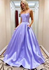 Dress Casual, A-line Square Neckline Spaghetti Straps Sweep Train Satin Prom Dress With Beading Pockets