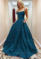 Club Outfit For Women, A-line Square Neckline Spaghetti Straps Sweep Train Satin Prom Dress With Beading Pockets