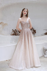 Bridesmaid Dresses Inspiration, A Line Strapless Beading Tulle Court Train Prom Dresses