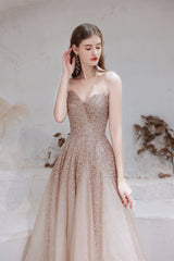 Bridesmaid Dress Inspiration, A Line Strapless Beading Tulle Court Train Prom Dresses