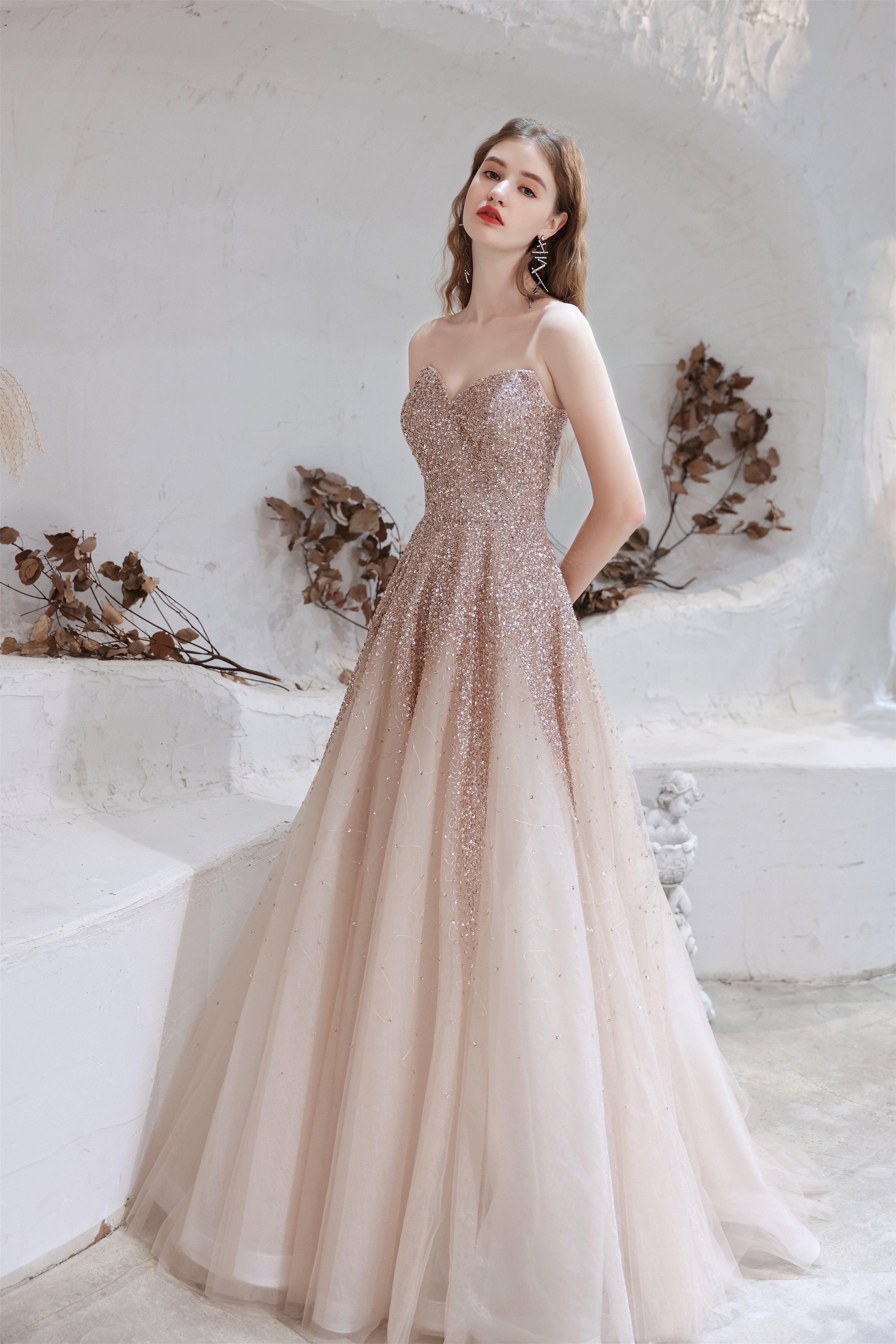 Bridesmaid Dress Idea, A Line Strapless Beading Tulle Court Train Prom Dresses