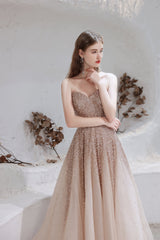 Bridesmaids Dresses Ideas, A Line Strapless Beading Tulle Court Train Prom Dresses
