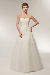 Wedding Dress For Brides, A Line Strapless Ivory Lace Floor Length Wedding Dresses