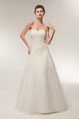 Wedding Dress For Bride, A Line Strapless Ivory Lace Floor Length Wedding Dresses