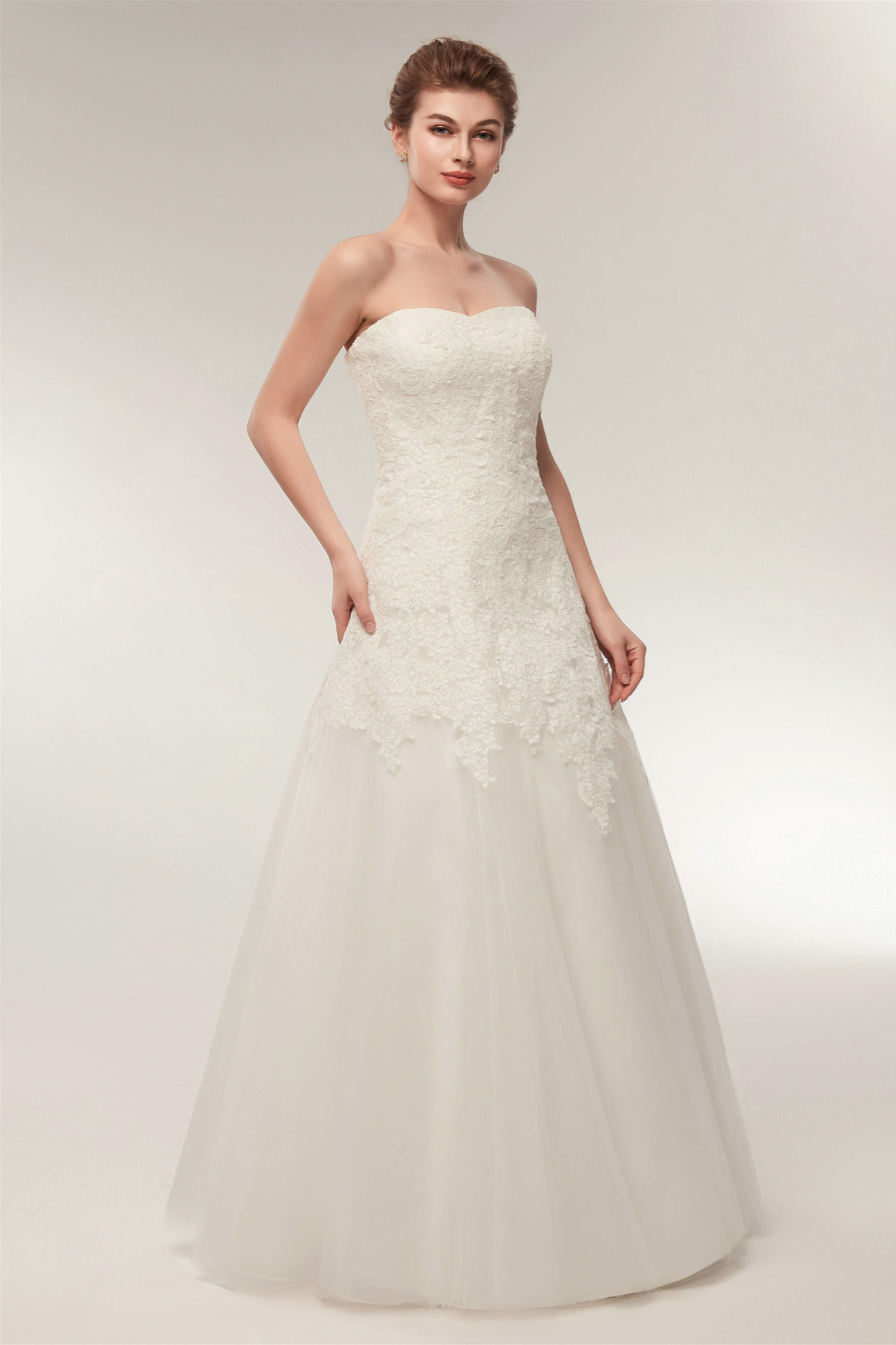 Wedding Dresses For Bride, A Line Strapless Ivory Lace Floor Length Wedding Dresses