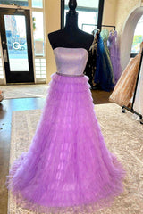 Semi Dress, A-Line Strapless Lilac Layered Long Prom Dress with Rhinestones