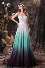 Party Dress Dress Code, A Line Strapless Sleeveless Appliques Ombre Silk Like Satin Sweep Train Prom Dresses