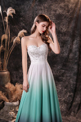 Party Dress Long, A Line Strapless Sleeveless Appliques Ombre Silk Like Satin Sweep Train Prom Dresses