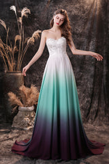 Party Dresses Long, A Line Strapless Sleeveless Appliques Ombre Silk Like Satin Sweep Train Prom Dresses