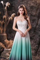 Party Dresses Long Dresses, A Line Strapless Sleeveless Appliques Ombre Silk Like Satin Sweep Train Prom Dresses